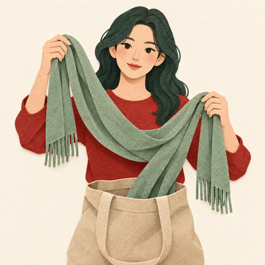 คนกำลังดึงผ้าพันคอออกมา