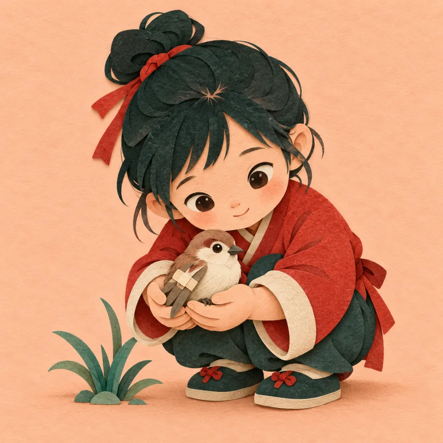 A child gently cradles a small bird in both hands
