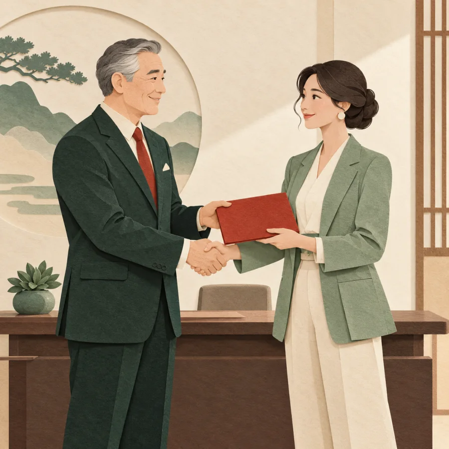 An executive hands a folder to a newly appointed director