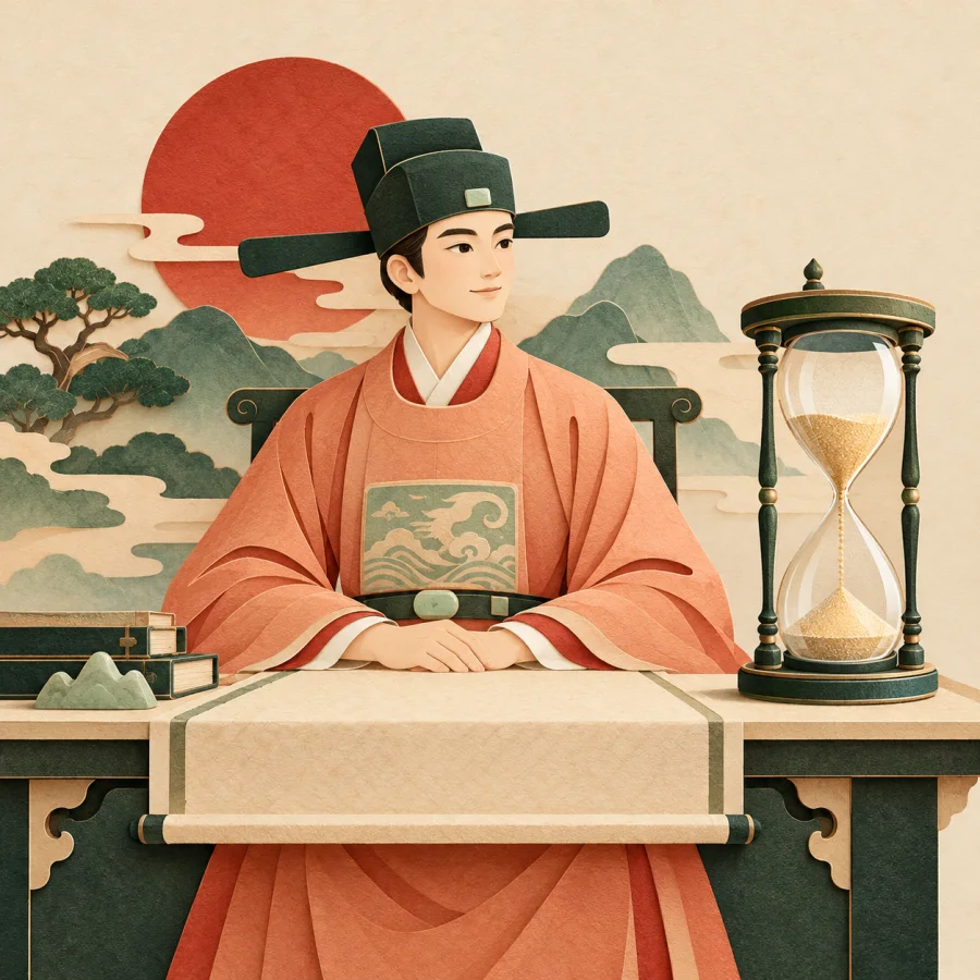 An official at a desk with a large hourglass, time running out