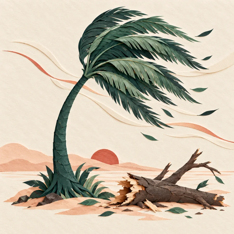 A young tree bends in the wind beside a fallen trunk