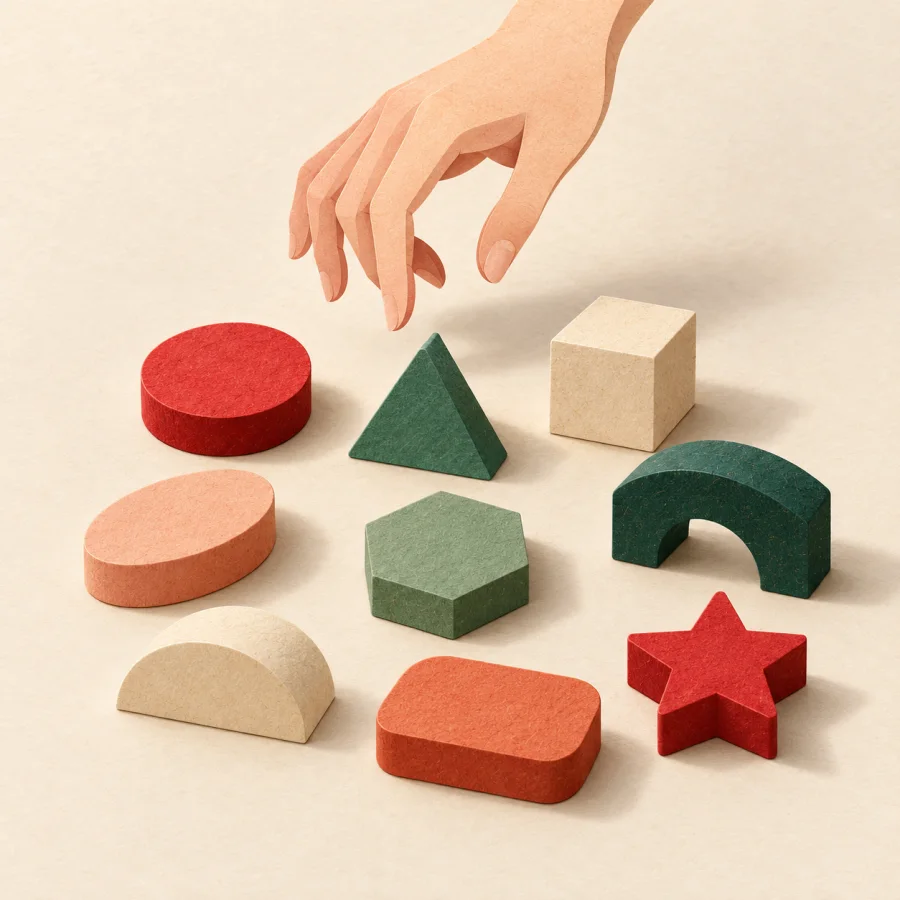 A hand freely picks one of many differently shaped blocks