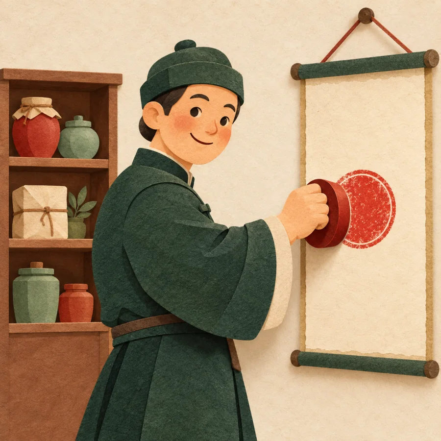 A person presses a round red stamp onto a certificate
