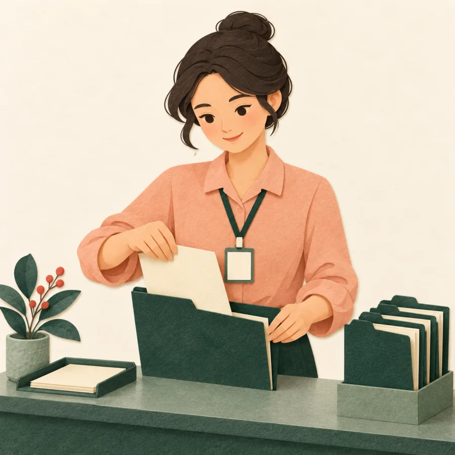 A worker at an office counter sorts papers into folders