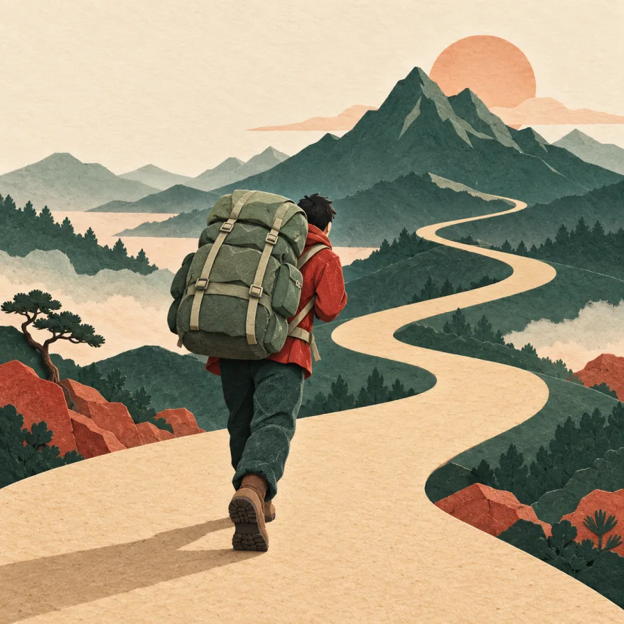 A traveler with a heavy pack walks a long winding road toward distant mountains