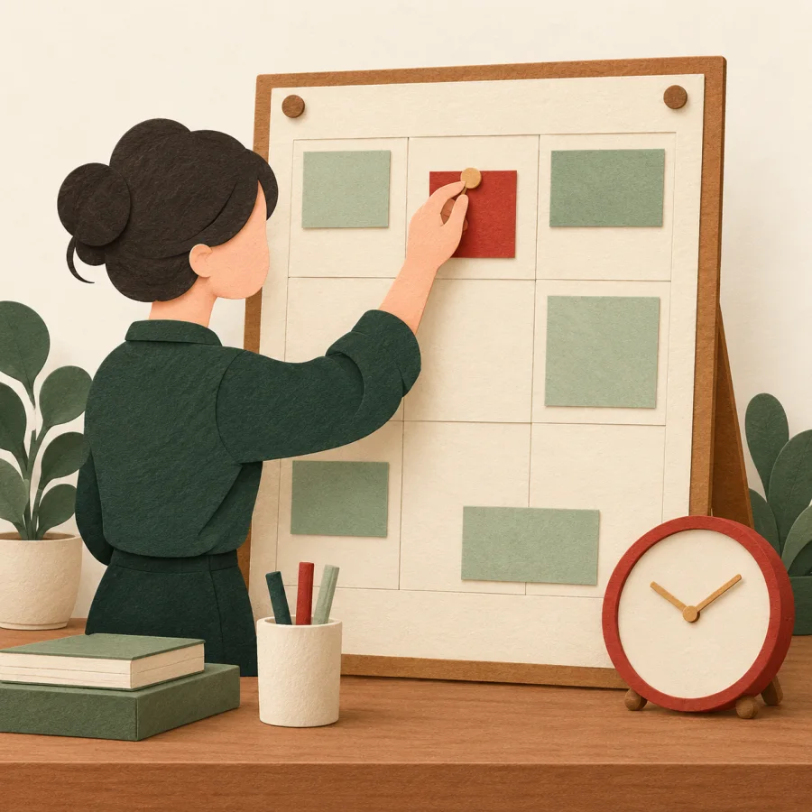 A person pins a cinnabar red card to a schedule board on a desk