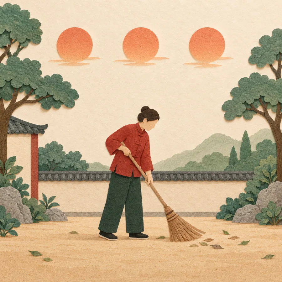 Three identical suns over a person sweeping the same courtyard path