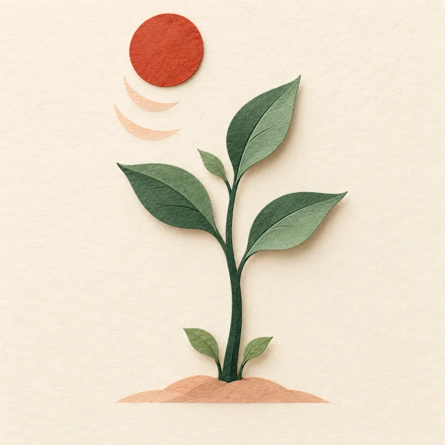 A paper sun climbs over a sapling growing taller, muted jade leaves
