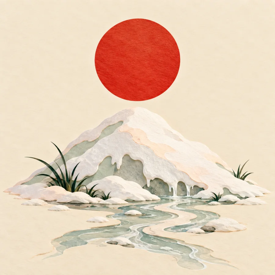A snow mound melts into water under the sun, streams on the ground