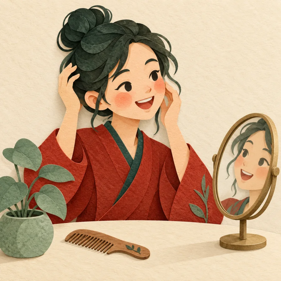 A person with rosy cheeks smiles brightly before a small mirror