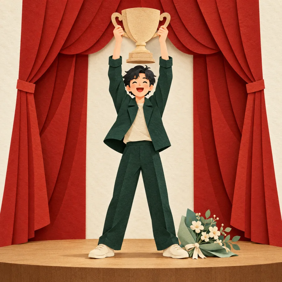 A person lifts a trophy on a stage before a red curtain