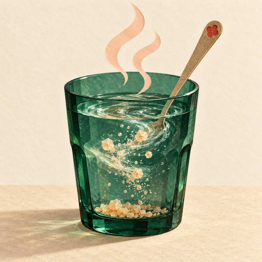 A spoon stirs crystals dissolving in a glass of water