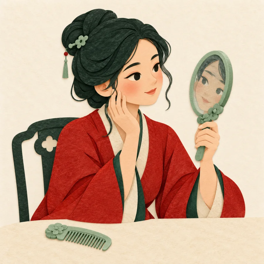 A person examines their face in a small hand mirror