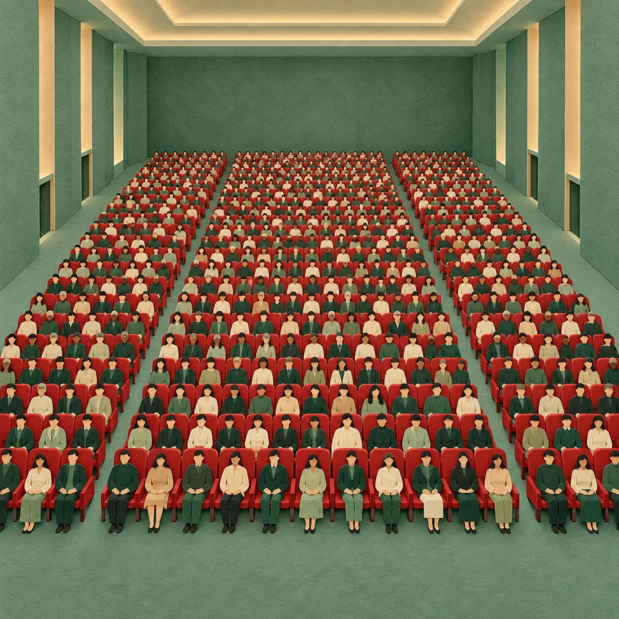 A large jade hall with neat rows of chairs full of people