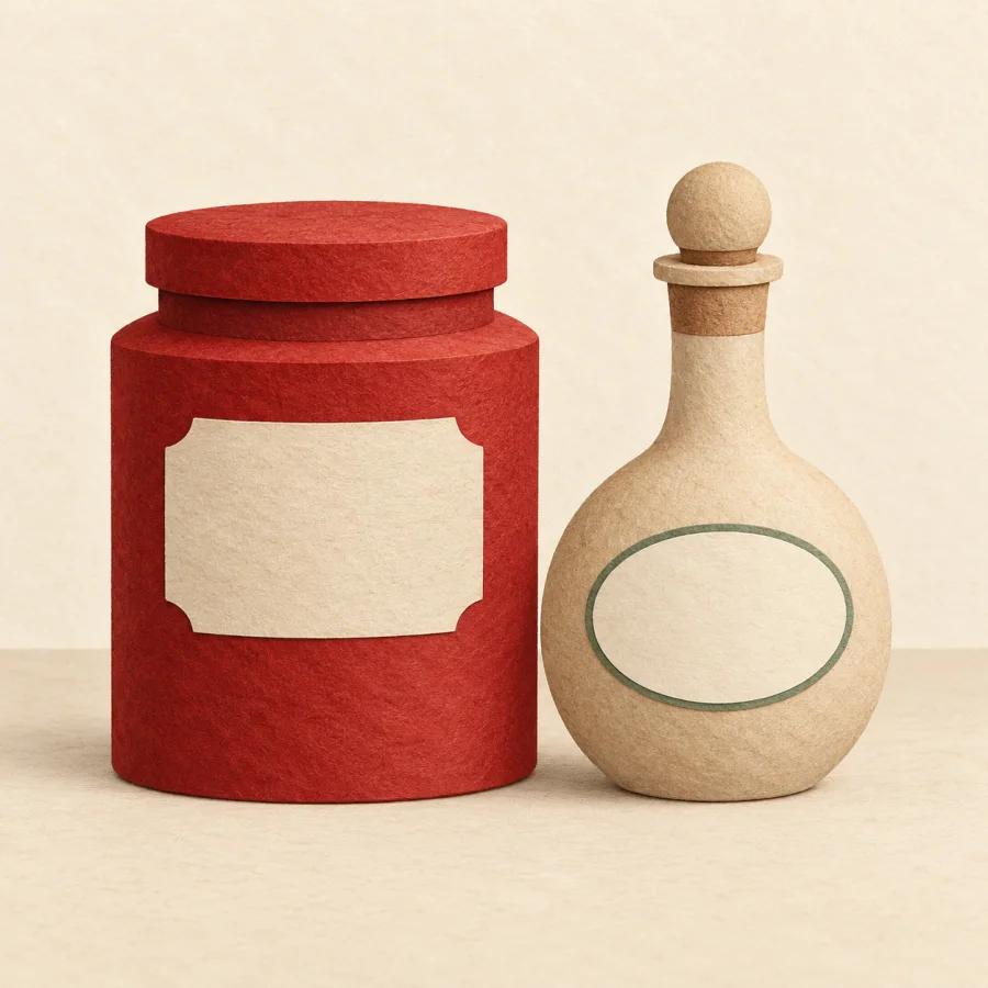 A red jar and a sand-colored flask with labels on a table