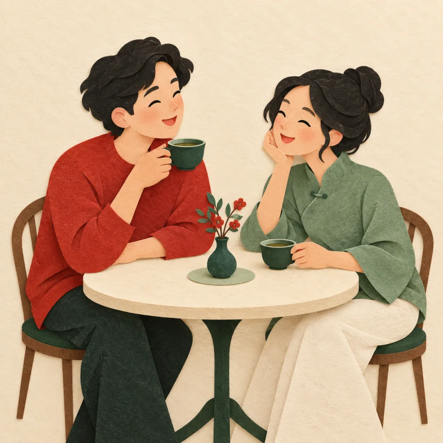 Two people smile and share tea at a round table