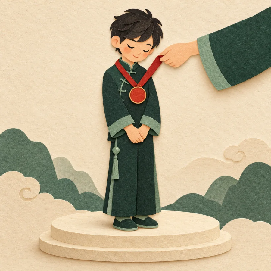 A person on a small stage receives a medal with a bow