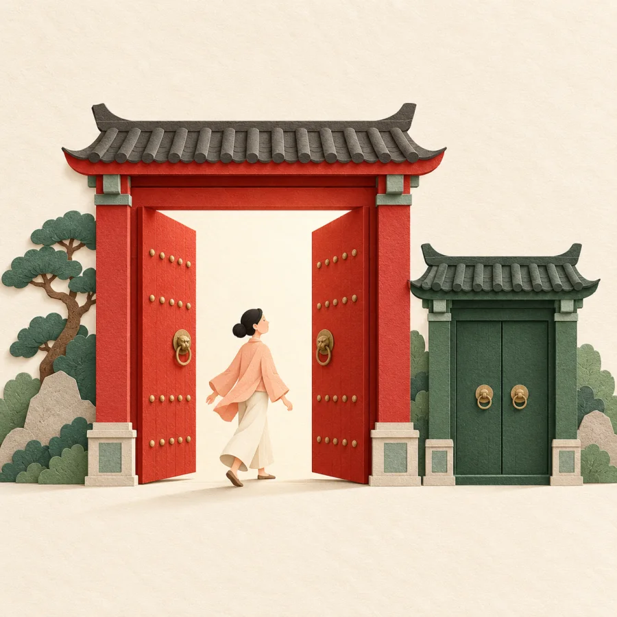 A person walks through a wide open red gate while a smaller gate nearby stays shut
