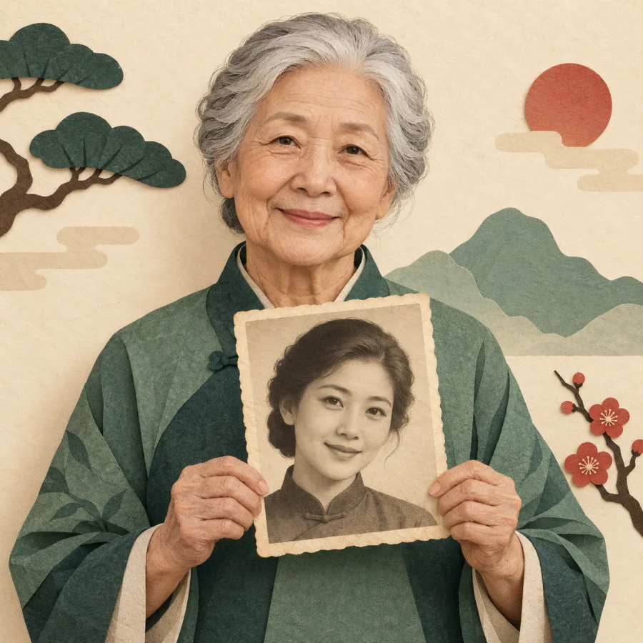 An elderly person holds an old photograph showing their young, clear face