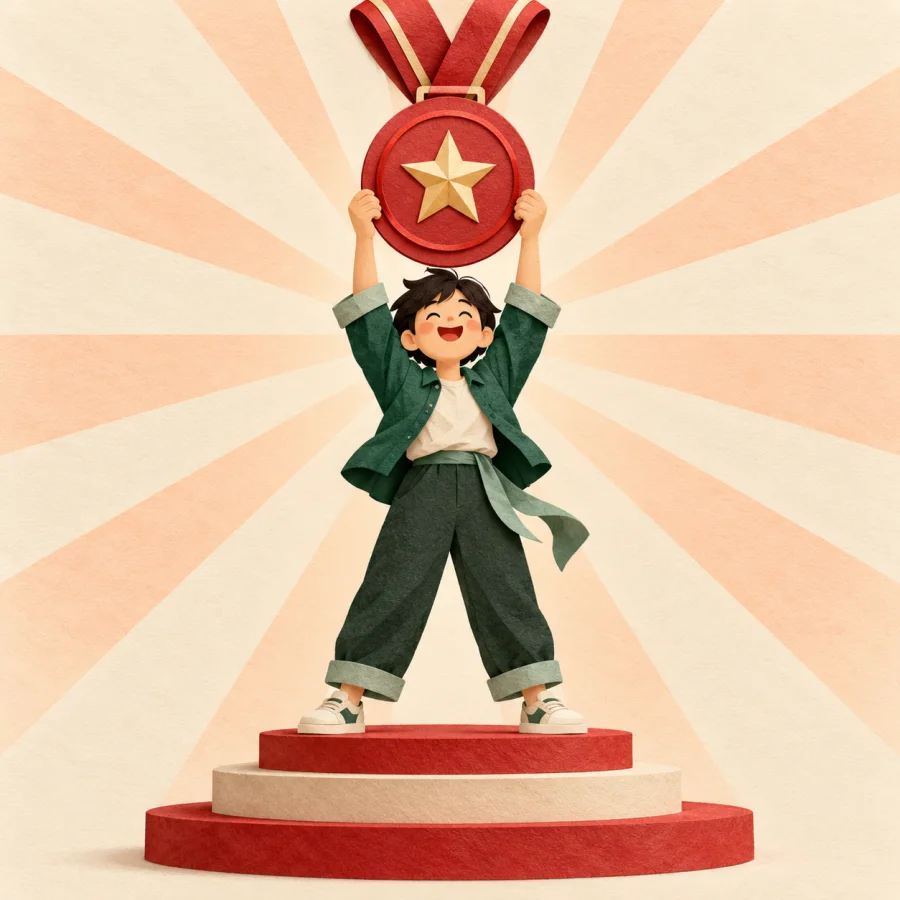 A person on a small podium raises a large red medal on a ribbon