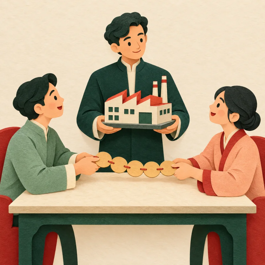 A person presents a project model to two seated figures who offer coins