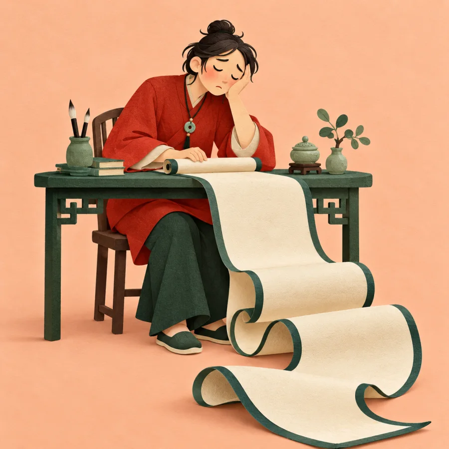 A tired person leans on a table beside an endlessly unrolling paper scroll