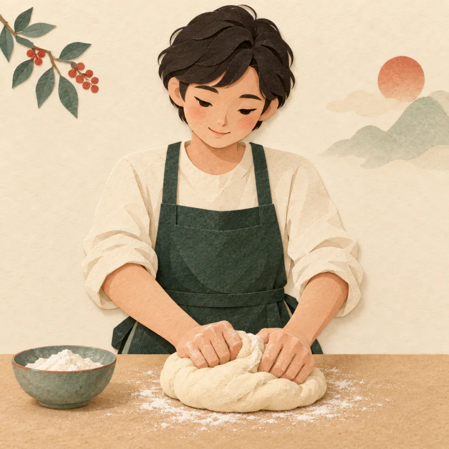 A person kneading dough with both hands on a wooden table