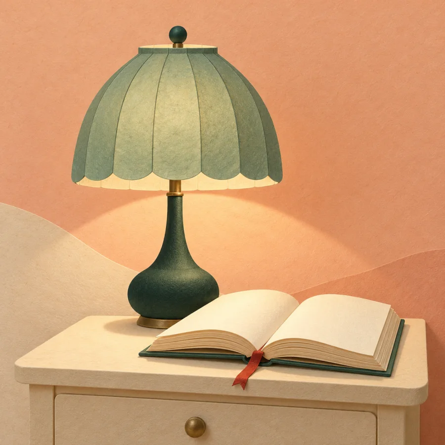A table lamp with a gentle glow lighting an open book
