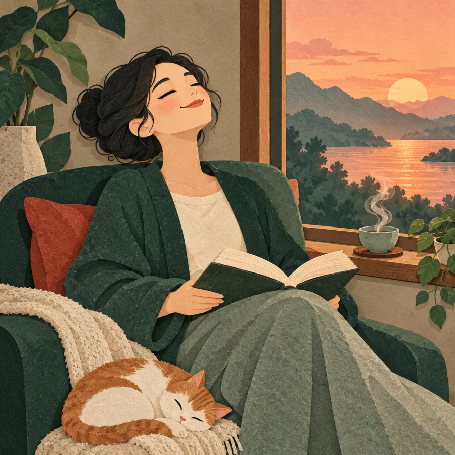 A person by the window with a book, eyes closed in delight