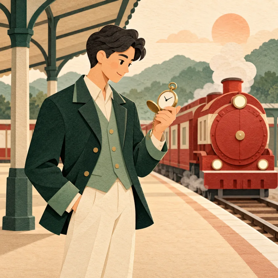 A person with a pocket watch watching a train arrive on time