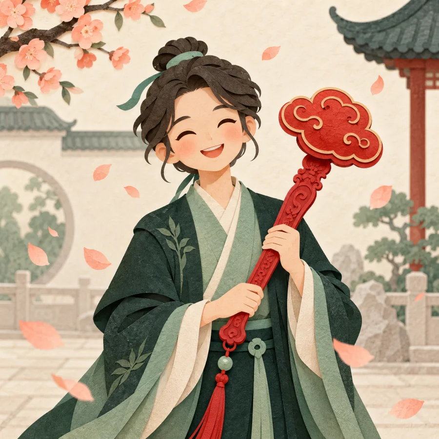 A person lifts a red sceptre with a cloud-shaped head