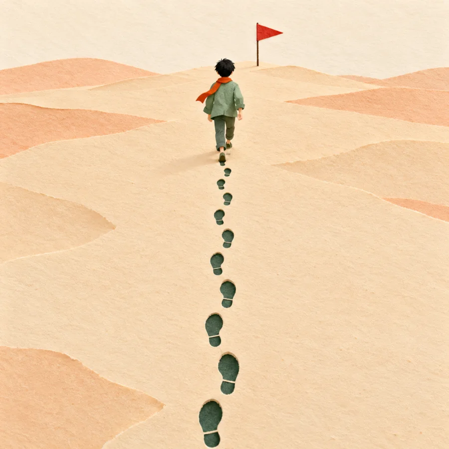 A person walks along a straight line of footprints in sand