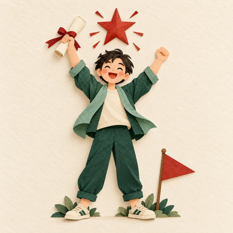 A joyful person holds up a scroll with a star above their head