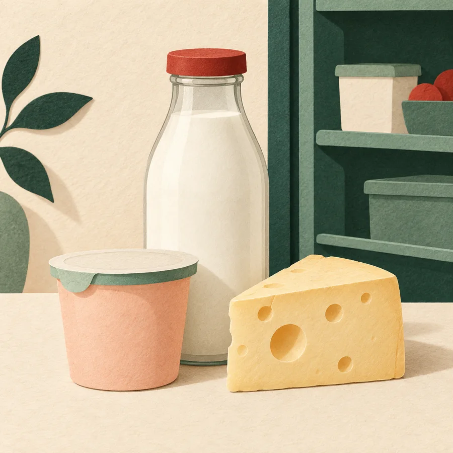 Milk, yogurt and cheese on a table next to a shelf