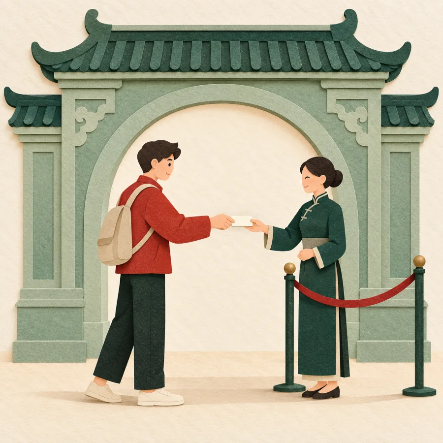A person shows a ticket at the entrance gate of a hall