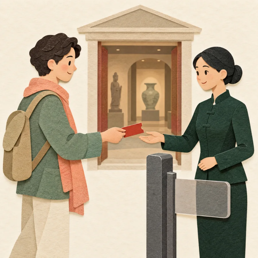 A visitor hands a red admission ticket at a museum gate