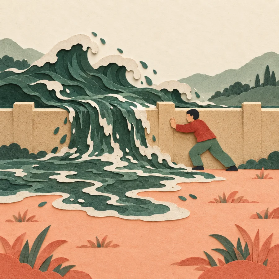 Dark green water spills over a sand wall into a field