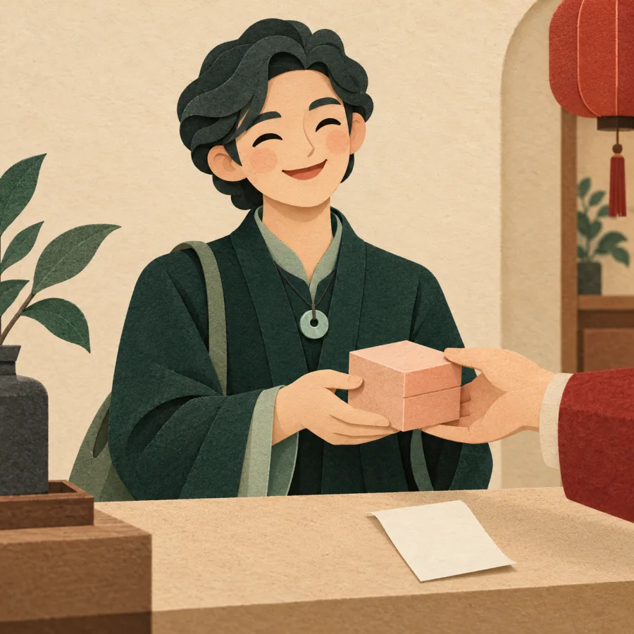 A person receives a peach boxed item at a shop counter