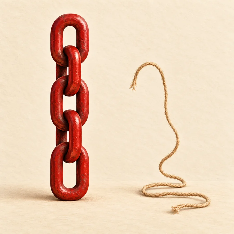 A stiff red chain beside a drooping sand-colored thread