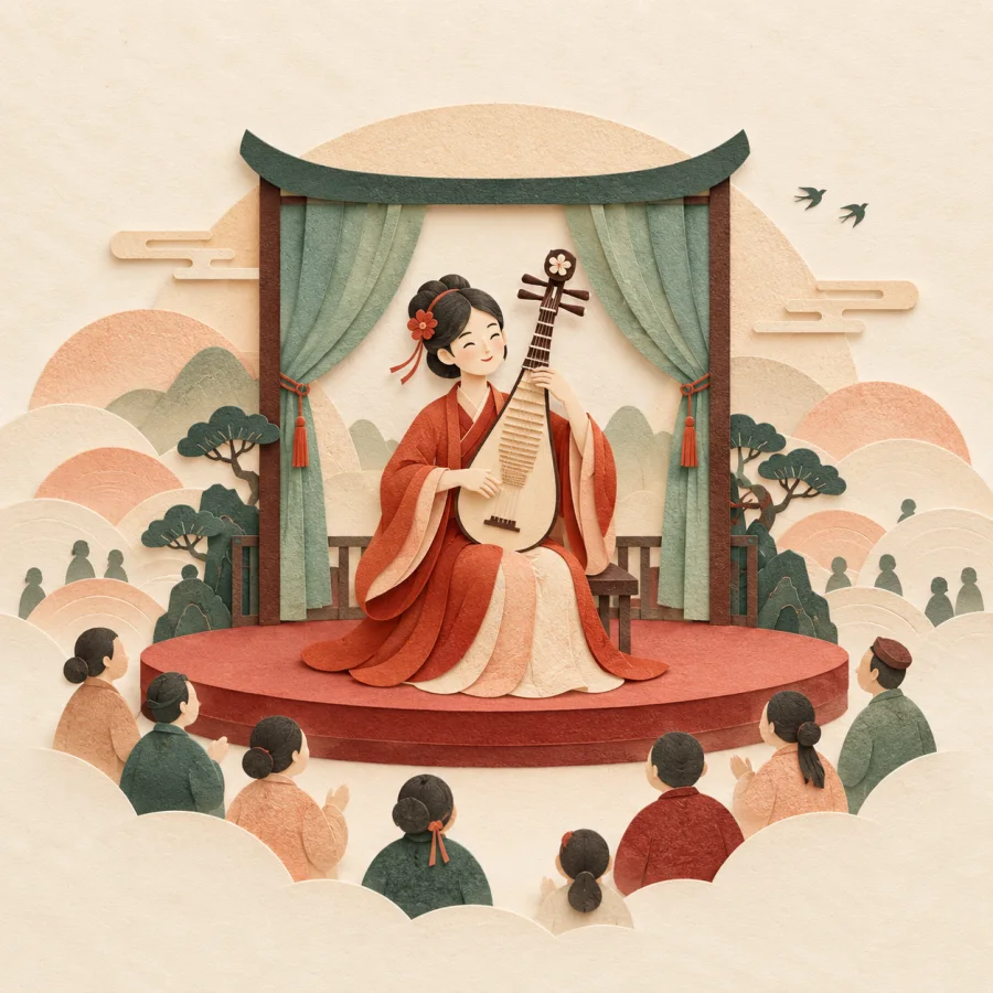 A performer on a curtained stage plays for a crowd