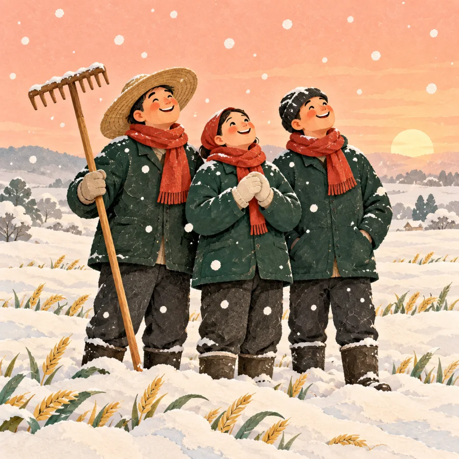 Farmers in green jackets stand in a snowy field smiling at falling snow