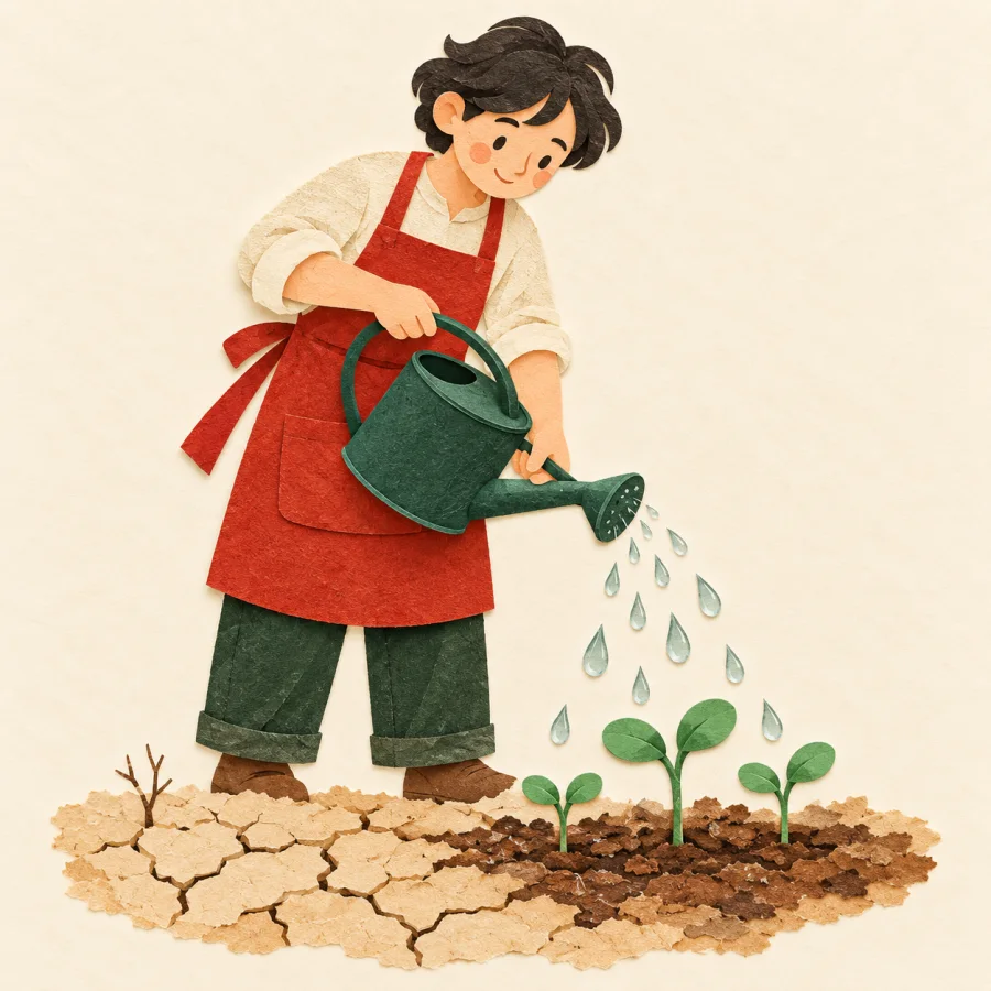 A gardener in a red apron moistens cracked soil with a watering can