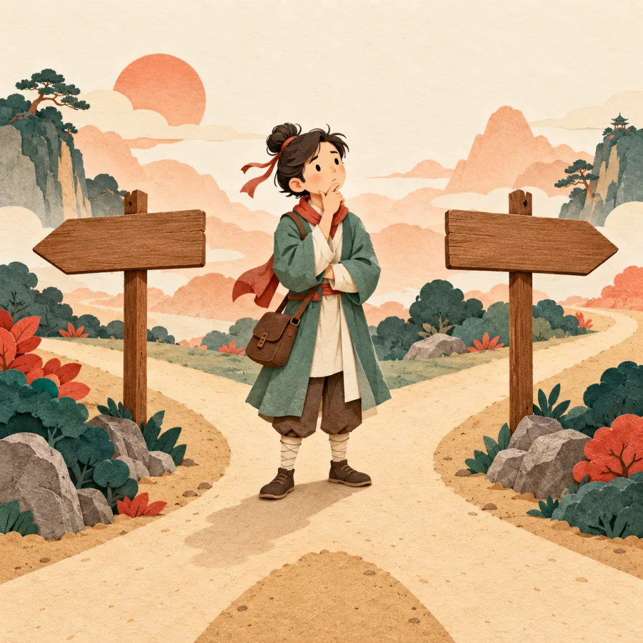 A traveler in a green coat pauses at a road fork with two signposts