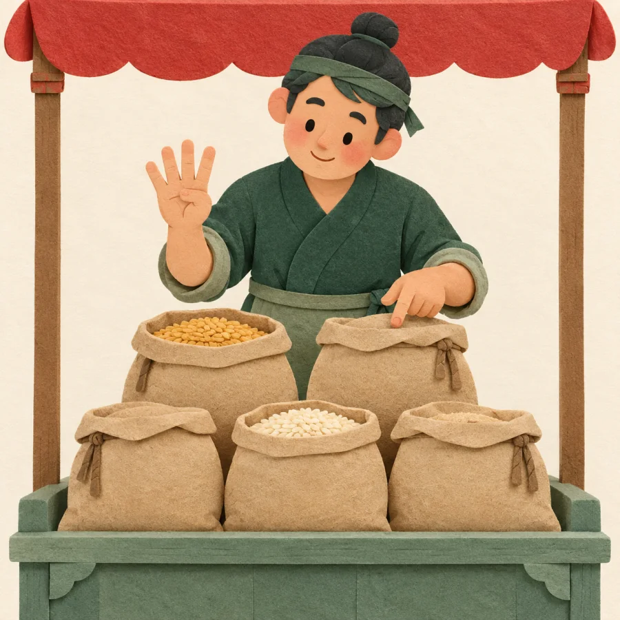 A vendor in a green shirt counts several grain sacks at a market stall