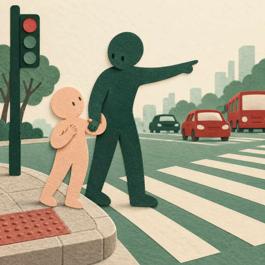 A larger figure supports a small one at a crosswalk