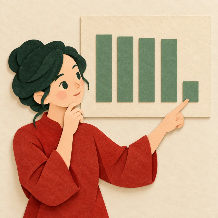 A person points at a short bar on a chart