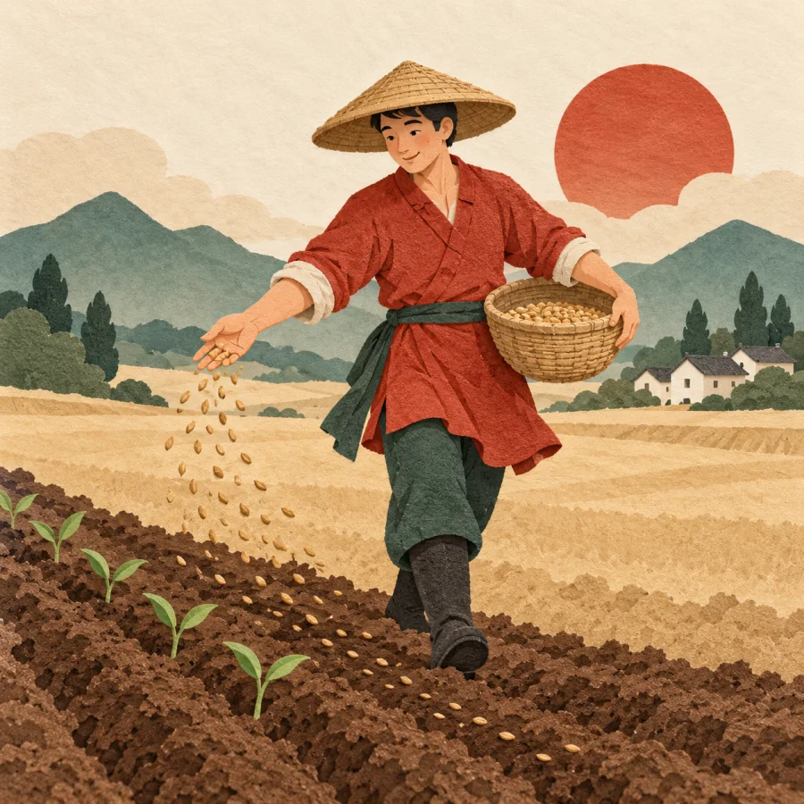 A farmer scatters seeds from a basket over a ploughed field