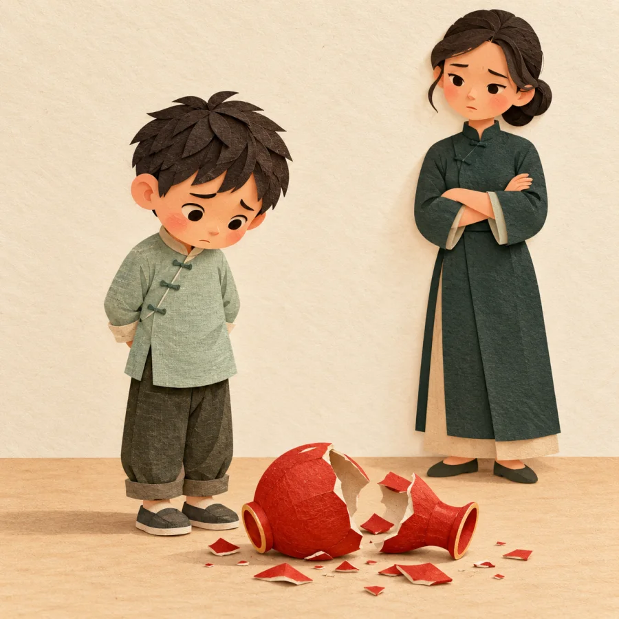 A child hides hands behind the back beside a broken vase