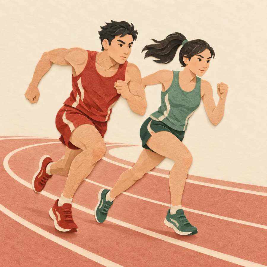 Two runners sprint neck and neck on a track