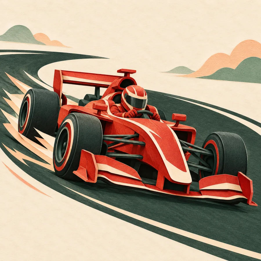 A red racing car speeds through a curve on the track